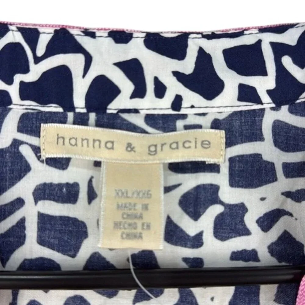 Hanna & Gracie Top Deep Blue Geo Print V-Neck 100% Cotton Size XXL - Picture 8 of 9